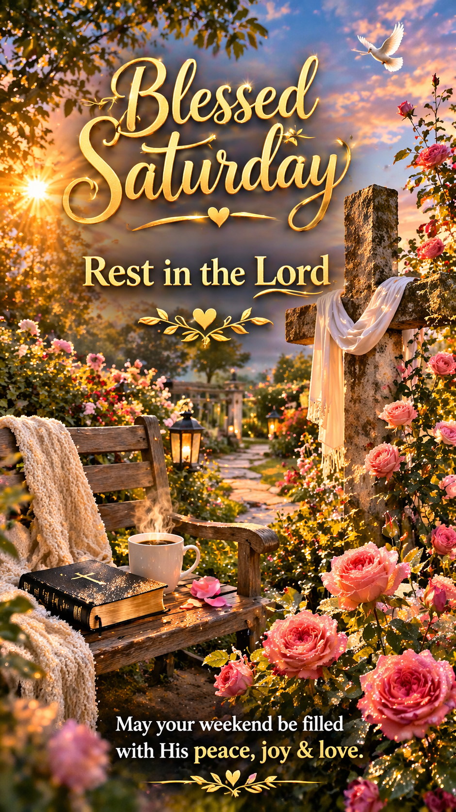 Beautiful garden bench surrounded by roses and flowers with Bible and lantern, golden morning light, text "Blessed Saturday -- Rest in the Lord. May your weekend be filled with His peace, joy and love" -- vertical Saturday blessing image